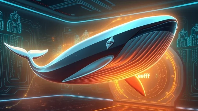 An artistic representation of a large ETH transfer, showing a digital whale moving significant Ethereum funds towards a secure Ceffu vault, highlighting a major crypto transaction.