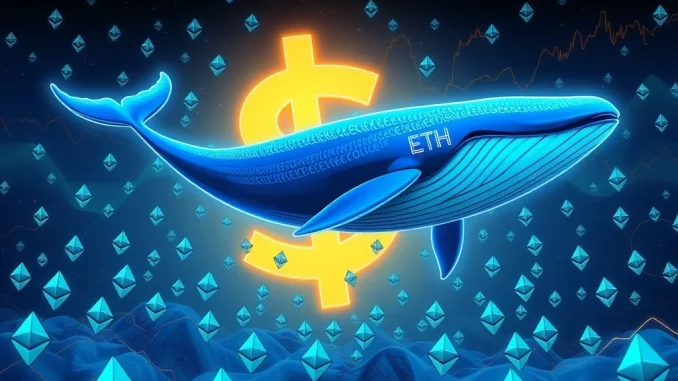 An ETH whale, depicted as a powerful entity, swimming through digital currency, illustrating a significant Ethereum profit.