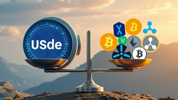 Depicts Ethena USDe's growth and diversification, symbolizing secure BNB collateral and future XRP backing for the synthetic stablecoin.