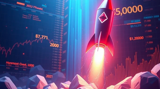 Ether (ETH) coin surging to $5K with blockchain and financial charts in the background