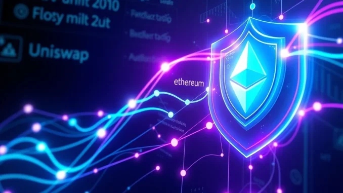 An abstract visual representing Angstrom DEX's revolutionary MEV protection securing transactions on the Ethereum blockchain, fostering trust in DeFi.