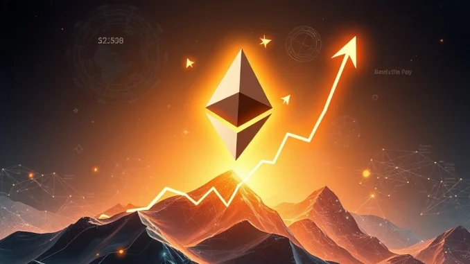 A visual representation of Ethereum's price surging, with charts pointing upwards and symbols of institutional adoption, reflecting Arthur Hayes' bold ETH price prediction.