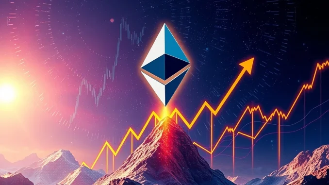 An upward-trending chart with the Ethereum logo, signifying the start of an Ethereum bull market and a significant ETH price breakout.
