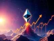 An upward-trending chart with the Ethereum logo, signifying the start of an Ethereum bull market and a significant ETH price breakout.