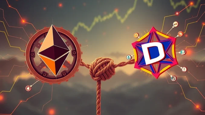 A conceptual image depicting the intense blockchain rivalry between Ethereum and DeSoc, highlighting the shift in crypto market trends.