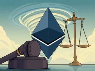 A digital gavel looms over an Ethereum logo and a stylized Dragonfly, symbolizing the alarming DOJ crypto charges against Dragonfly Capital for its Tornado Cash investment.