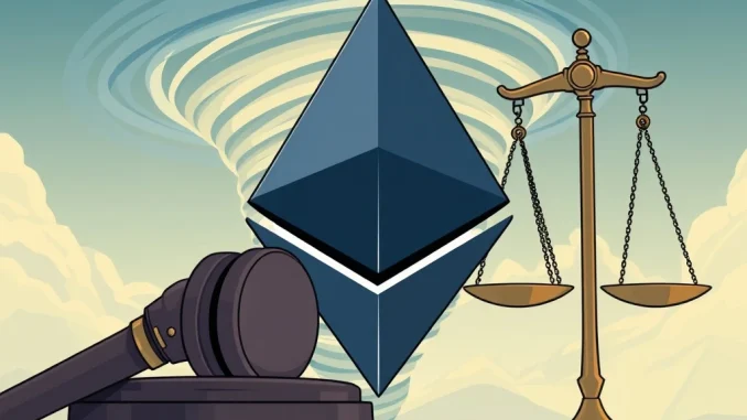 A digital gavel looms over an Ethereum logo and a stylized Dragonfly, symbolizing the alarming DOJ crypto charges against Dragonfly Capital for its Tornado Cash investment.