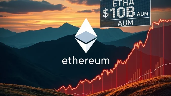 A rapidly rising financial chart with an Ethereum logo, symbolizing the unprecedented AUM growth of the BlackRock ETHA Ethereum ETF.
