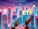 A digital chart showing rising Ethereum ETF inflows and a bullish ETH price prediction, highlighting market optimism.