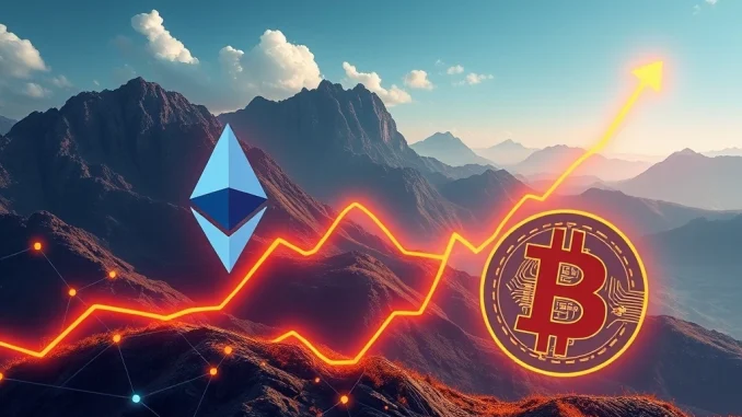 A digital chart showing an Ethereum ETF surge, contrasting with a Bitcoin price drop, symbolizing the shifting dynamics in the crypto market.