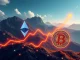A digital chart showing an Ethereum ETF surge, contrasting with a Bitcoin price drop, symbolizing the shifting dynamics in the crypto market.