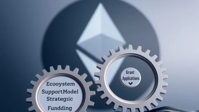 An abstract image representing the Ethereum Foundation's strategic shift in **Ethereum grants** funding, showing gears turning towards a new direction.