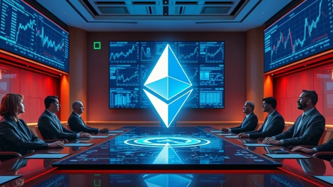 Corporate executives analyzing financial data, symbolizing the surge in Ethereum holdings by US firms and market impact.