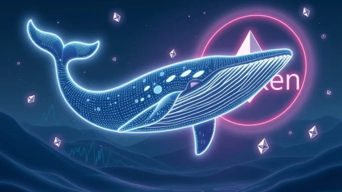 A digital whale transferring Ethereum (ETH) to the Kraken exchange, symbolizing the significant Ethereum ICO whale deposit.