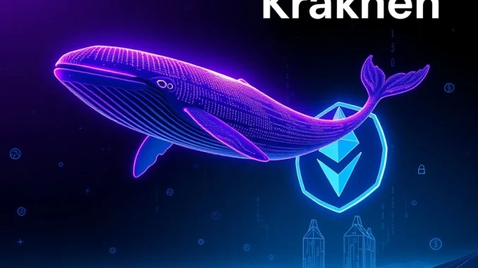 Digital whale transferring Ethereum ICO ETH to Kraken, symbolizing a major crypto whale activity and large ETH to Kraken deposit.