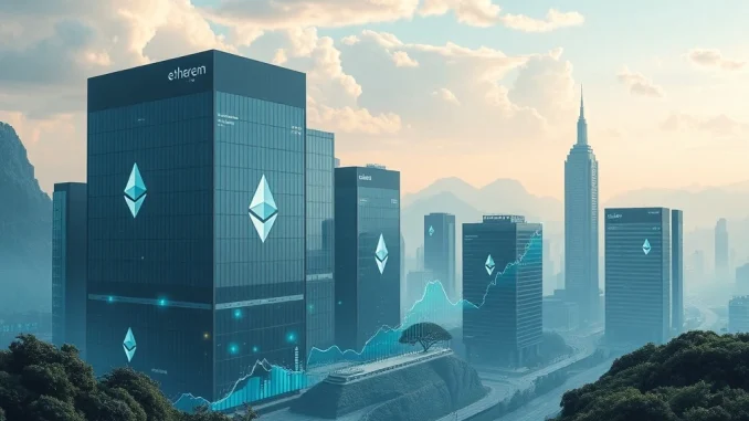 Corporate entities, represented by modern buildings, confidently investing in Ethereum, symbolizing explosive institutional crypto adoption.