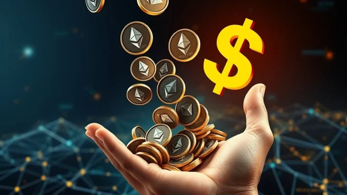 Ethereum Investor Unlocks Massive Profits: $9.91M ETH Sale Ethereum investor realizes substantial gains, with ETH coins flowing into a profit-taking hand, illustrating a major crypto sale.