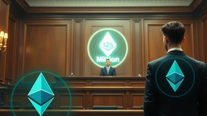 A gavel striking a blockchain symbol, representing the high-stakes legal battle over the Ethereum MEV exploit.