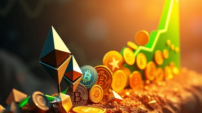 A vibrant chart showing Ethereum news driving an altcoin market cap surge, with an upward trendline signaling a potential altcoin season.