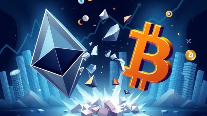 Ethereum and Bitcoin symbols breaking apart signaling altseason rotation potential