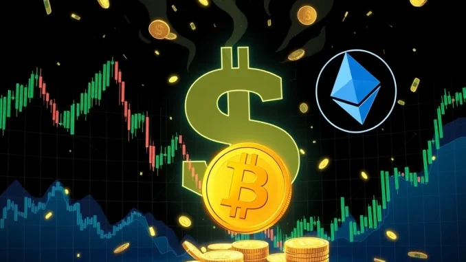 Bitcoin and Ethereum price charts with institutional flows and dollar risks highlighted