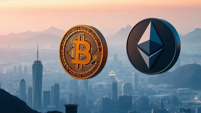 Bitcoin and Ethereum symbols in a dynamic crypto market landscape