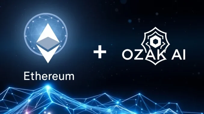 Ethereum and Ozak AI merging in a futuristic AI-blockchain landscape