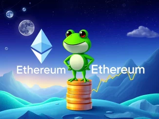 An artistic representation of the Pepeto frog mascot alongside a rising Ethereum price chart, symbolizing the success of the Pepeto presale and the current positive Ethereum News Today.