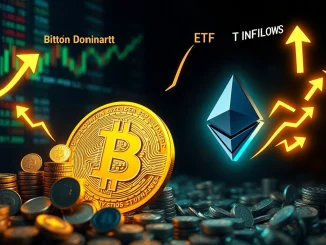 Chart showing Bitcoin dominance impacting Ethereum News Today, with arrows indicating ETF flows and whale activity.