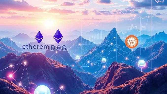 Visualizing the explosive crypto surge, with icons representing Ethereum, BlockDAG, Kaspa, and Worldcoin rising amidst market charts and ETF inflow graphics, highlighting the Ethereum News Today.