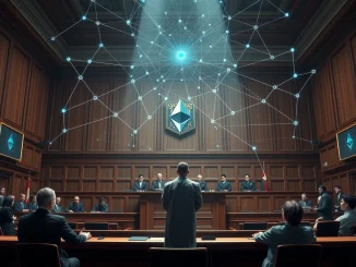 An Ethereum developer testifies in a courtroom, illustrating the pivotal Tornado Cash trial and its implications for DeFi legal precedent.