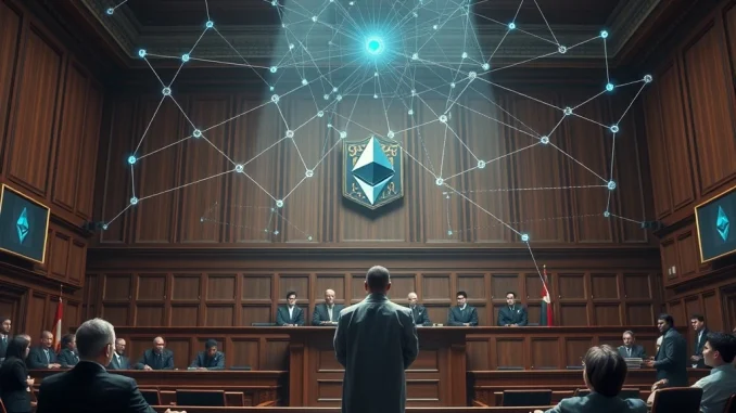 An Ethereum developer testifies in a courtroom, illustrating the pivotal Tornado Cash trial and its implications for DeFi legal precedent.