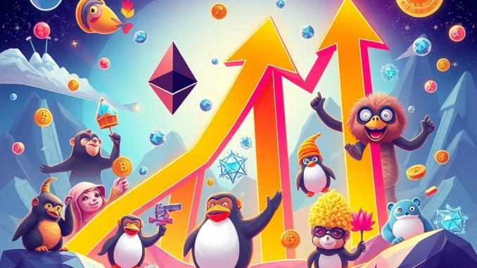 Dynamic visual representing the Ethereum NFTs and Solana NFT market surge, with digital art characters and upward trends.