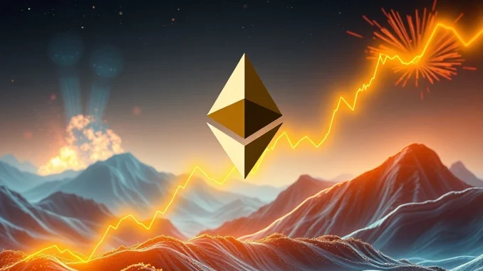 A bullish chart showing the Ethereum price surging past key resistance, highlighted by a golden cross, signifying strong market momentum.
