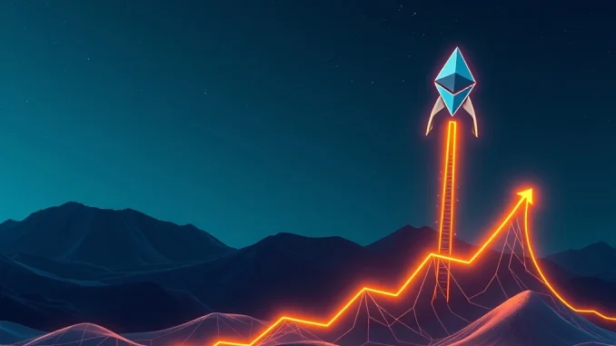 An upward trending graph with the Ethereum logo, symbolizing the explosive ETH price surge driven by network upgrades.