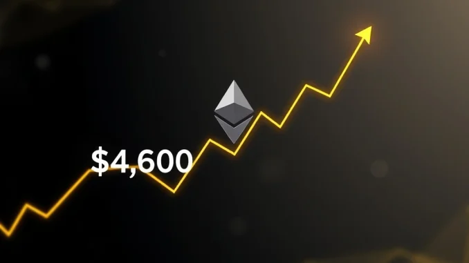 Ethereum Price Soars: ETH Breaks $4,600 on Binance in Remarkable Surge A green line graph showing Ethereum price surge past $4,600 on Binance, symbolizing strong market growth.