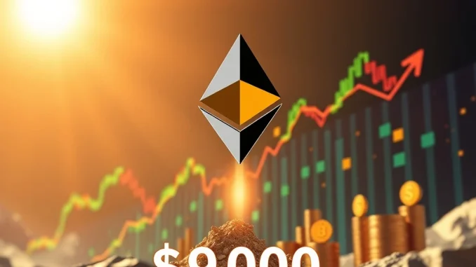 An upward-trending chart with the Ethereum logo, representing the optimistic Ethereum price prediction and potential for future growth.