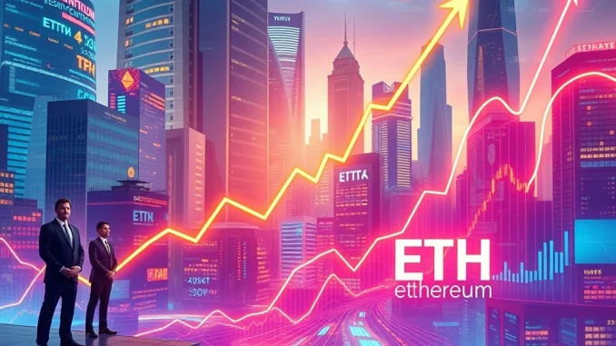 A visual representation of Ethereum price surging upwards, driven by institutional investment and the influx of spot Ether ETFs into the market.
