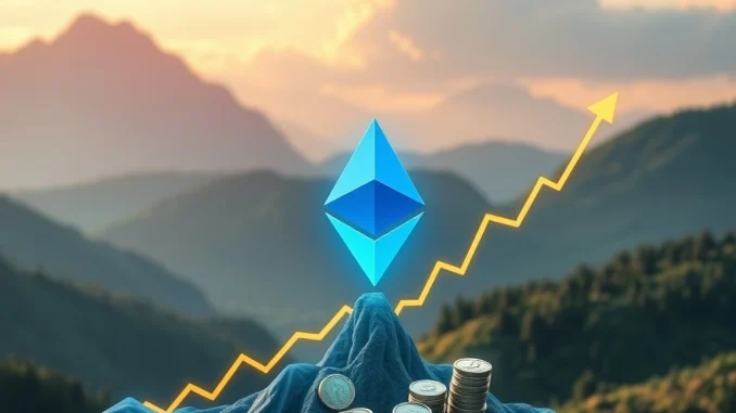 A vibrant chart showing Ethereum price soaring upwards, with a prominent bull flag crypto pattern indicating future growth.