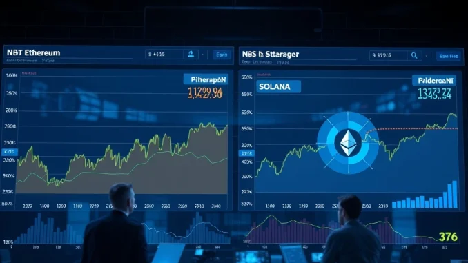 Ethereum and Solana price charts with institutional investors analyzing crypto investments