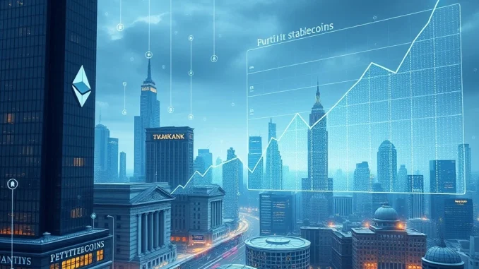 Visualizing the monumental Ethereum stablecoin surge driven by institutional crypto adoption, with financial charts and blockchain networks.