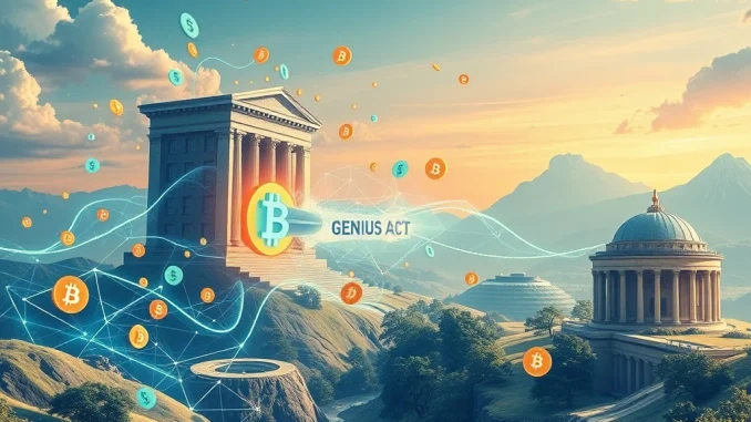 Ethereum News Today: GENIUS Act Unleashes Astonishing $4 Billion Stablecoin Surge An illustration showing a significant stablecoin surge in the crypto market, driven by new crypto regulation from the GENIUS Act, benefiting Ethereum-based investments.