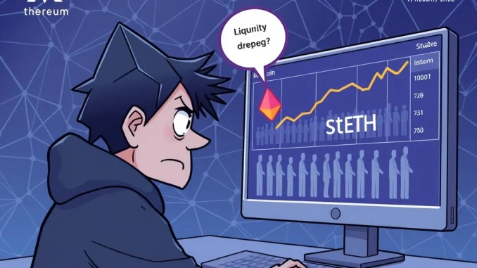 An illustration showing an Ethereum staker distressed by a long validator queue and soaring ETH borrow rates, highlighting the stETH liquidation crisis.