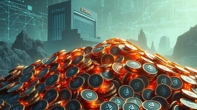 Ethereum Staking Unlocked: BitMine's Astonishing $2.1B ETH Hoard Targets 5% Supply, Stock Soars 3,000% A digital representation of Ethereum's blockchain with a large pile of ETH coins, symbolizing BitMine's significant Ethereum staking ambitions.