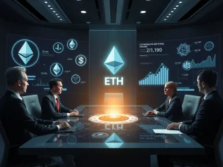 Executives review a holographic display showcasing massive Ethereum staking yields and corporate crypto investment strategies.