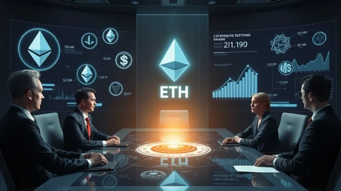 Executives review a holographic display showcasing massive Ethereum staking yields and corporate crypto investment strategies.