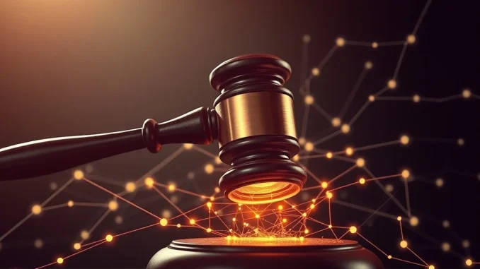 A gavel striking a blockchain symbol, representing the Roman Storm trial's impact on Ethereum news and blockchain regulation.