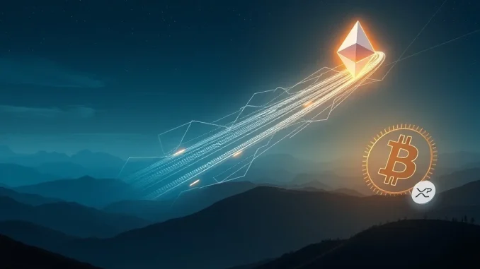 Visualizing the powerful Ethereum surge, contrasting its rapid growth from institutional crypto inflows with Bitcoin and XRP's market consolidation.