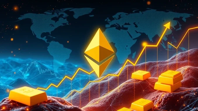A visual representation of Ethereum tokenized gold reaching a $2.2 billion market cap, symbolizing digital asset growth and financial innovation.