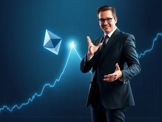 Tom Lee presenting Ethereum as a top crypto investment for the next decade, symbolizing its future growth and market impact.